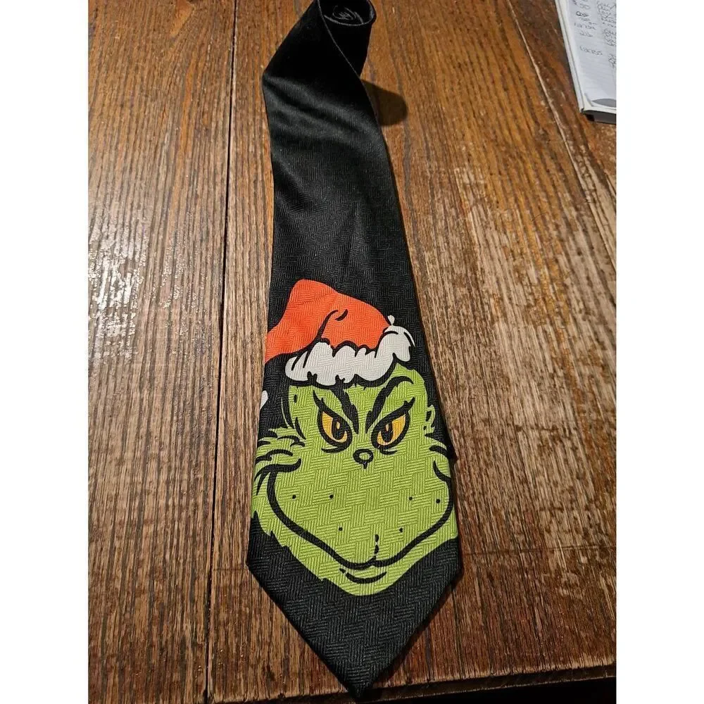 Dr Seuss Mens Grinch Christmas Holiday Novelty Neck Tie Black Green Red Yellow